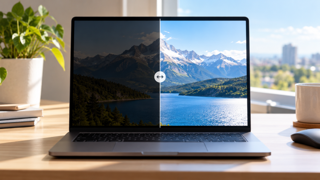Laptop screen comparing dim and bright views of the same mountain landscape