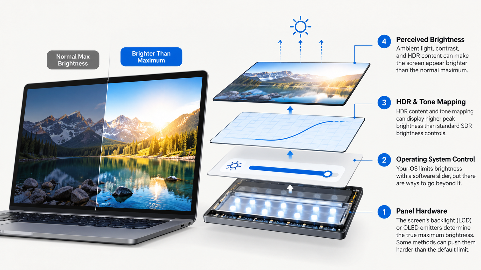 Diagram of hardware and HDR controls that can make a screen brighter than its normal maximum